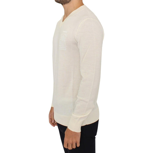 Ermanno Scervino Off White Wool Blend V-neck Pullover Sweater SIG10336-1