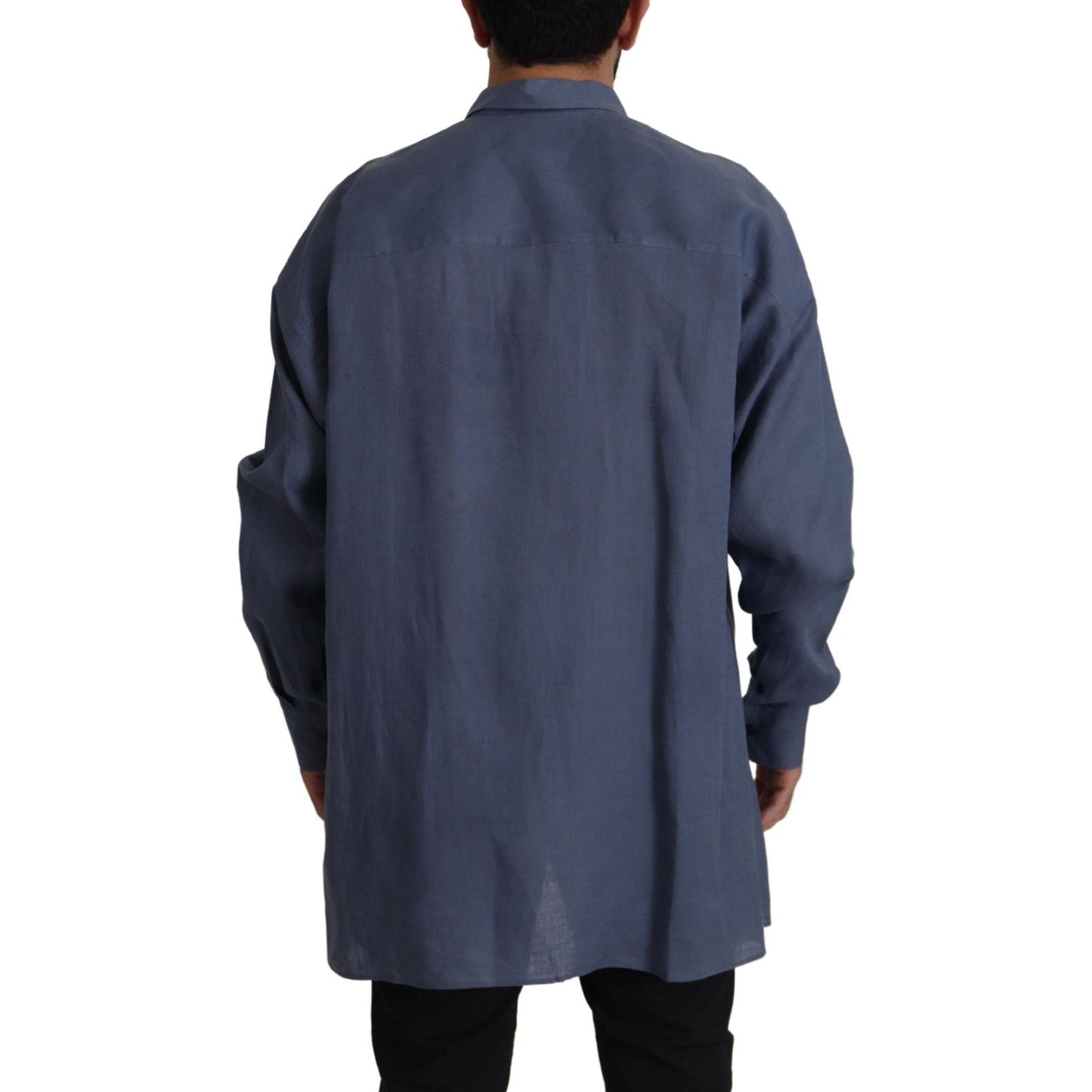 Dolce & Gabbana Dark Blue Linen Slim Fit Dress Formal Men Shirt