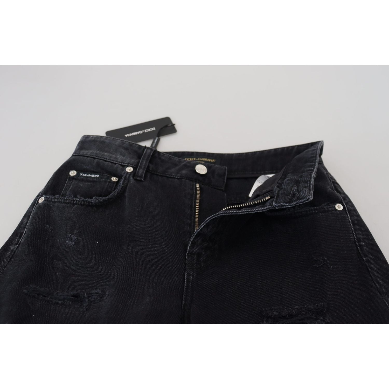 Dolce & Gabbana Black Cotton Tattered High Waist Denim Jeans