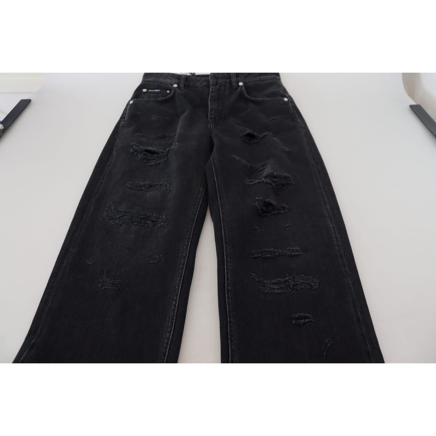 Dolce & Gabbana Black Cotton Tattered High Waist Denim Jeans