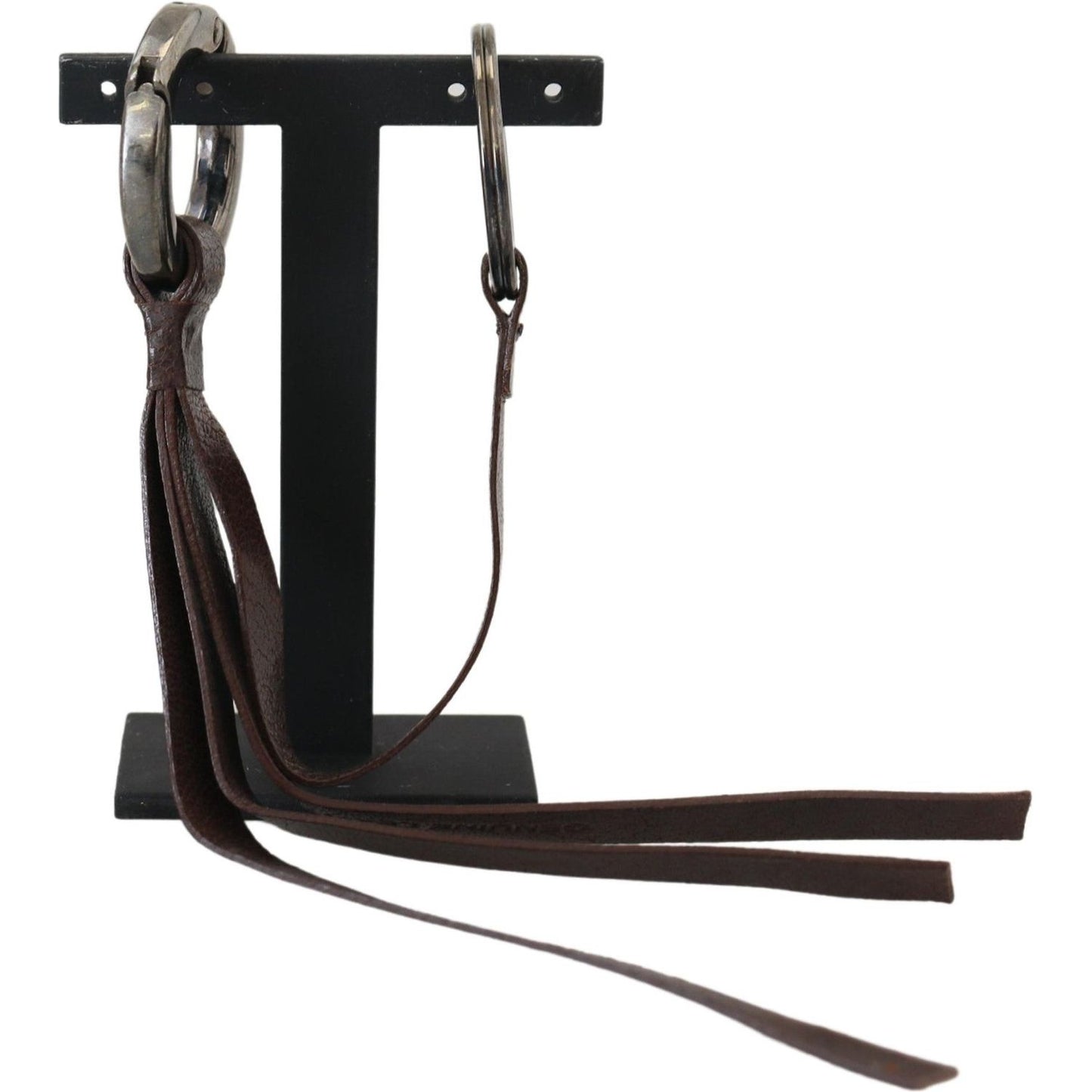 Costume National Brown Leather Silver Tone Metal Keyring Keychain