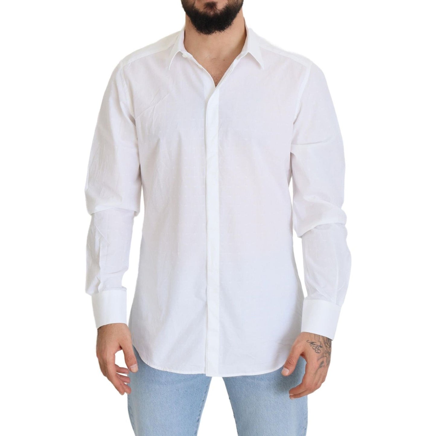 Dolce & Gabbana White Cotton Slim Fit Formal Dress GOLD Shirt
