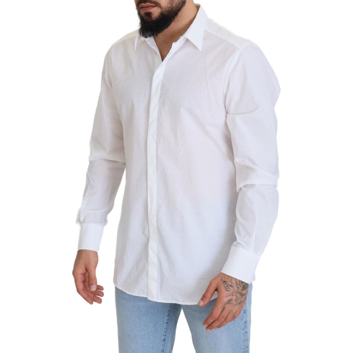 Dolce & Gabbana White Cotton Slim Fit Formal Dress GOLD Shirt