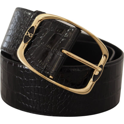 Dolce & Gabbana Black Crocodile Print Gold Metal DG Logo Buckle Belt