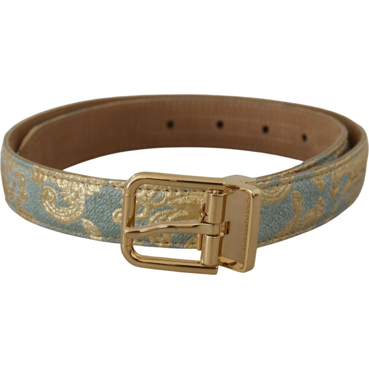 Dolce & Gabbana Blue Leather Jacquard Embossed Gold Metal Buckle Belt