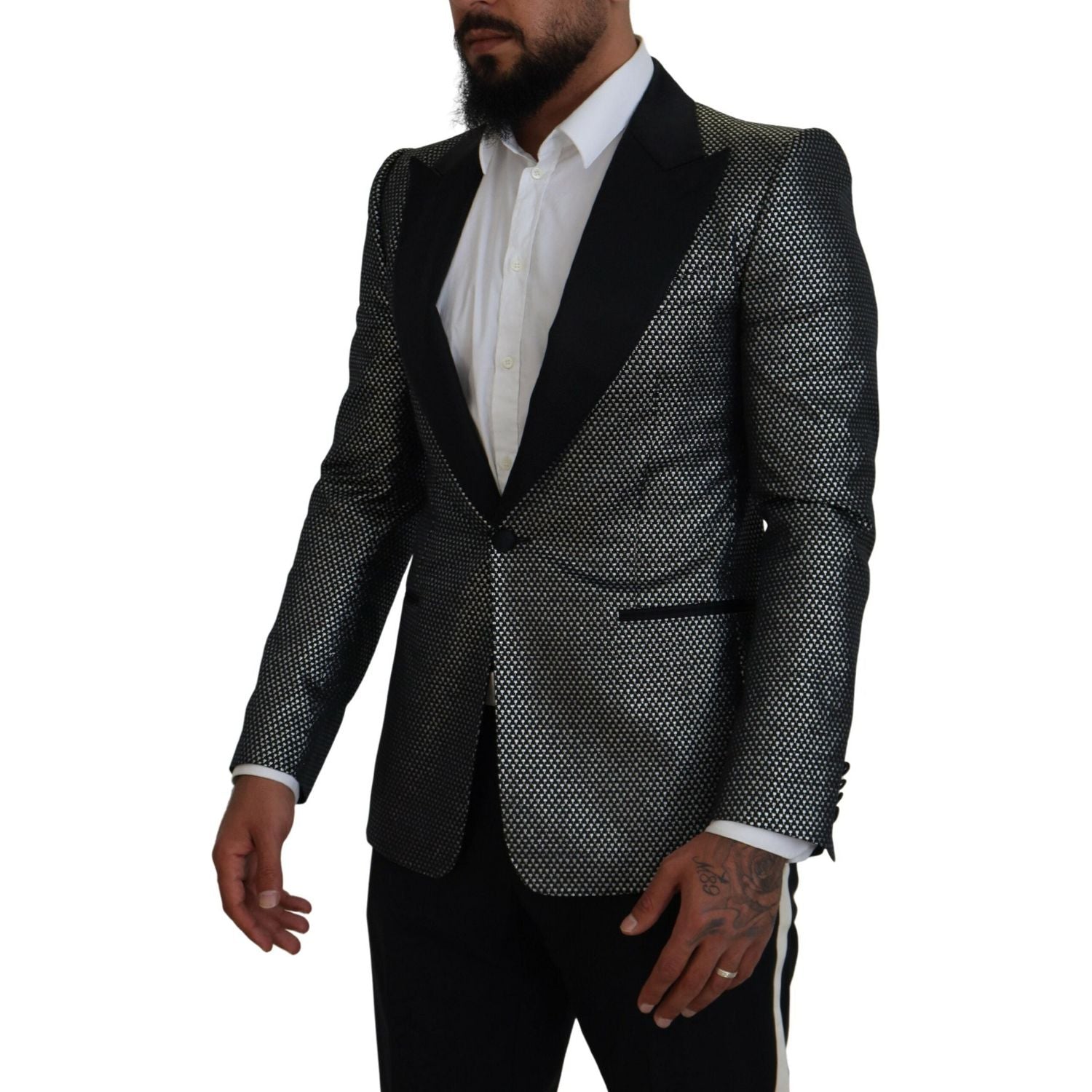 Dolce & Gabbana Black Silver Jacquard Slim Fit Jacket Blazer