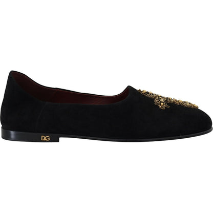 Dolce & Gabbana Black Suede Gold Cross Slip On Loafers Shoes