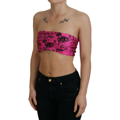 John Galliano Pink Newspaper Print Bra Cropped Blouse