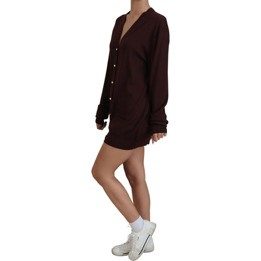 Dolce & Gabbana Maroon Wool Knit Deep V-neck Cardigan Sweater
