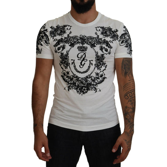 Dolce & Gabbana White DG Crown Floral Crewneck Men T-shirt