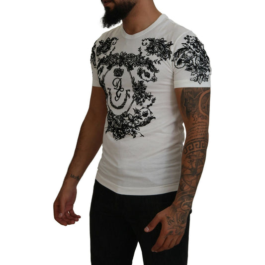 Dolce & Gabbana White DG Crown Floral Crewneck Men T-shirt