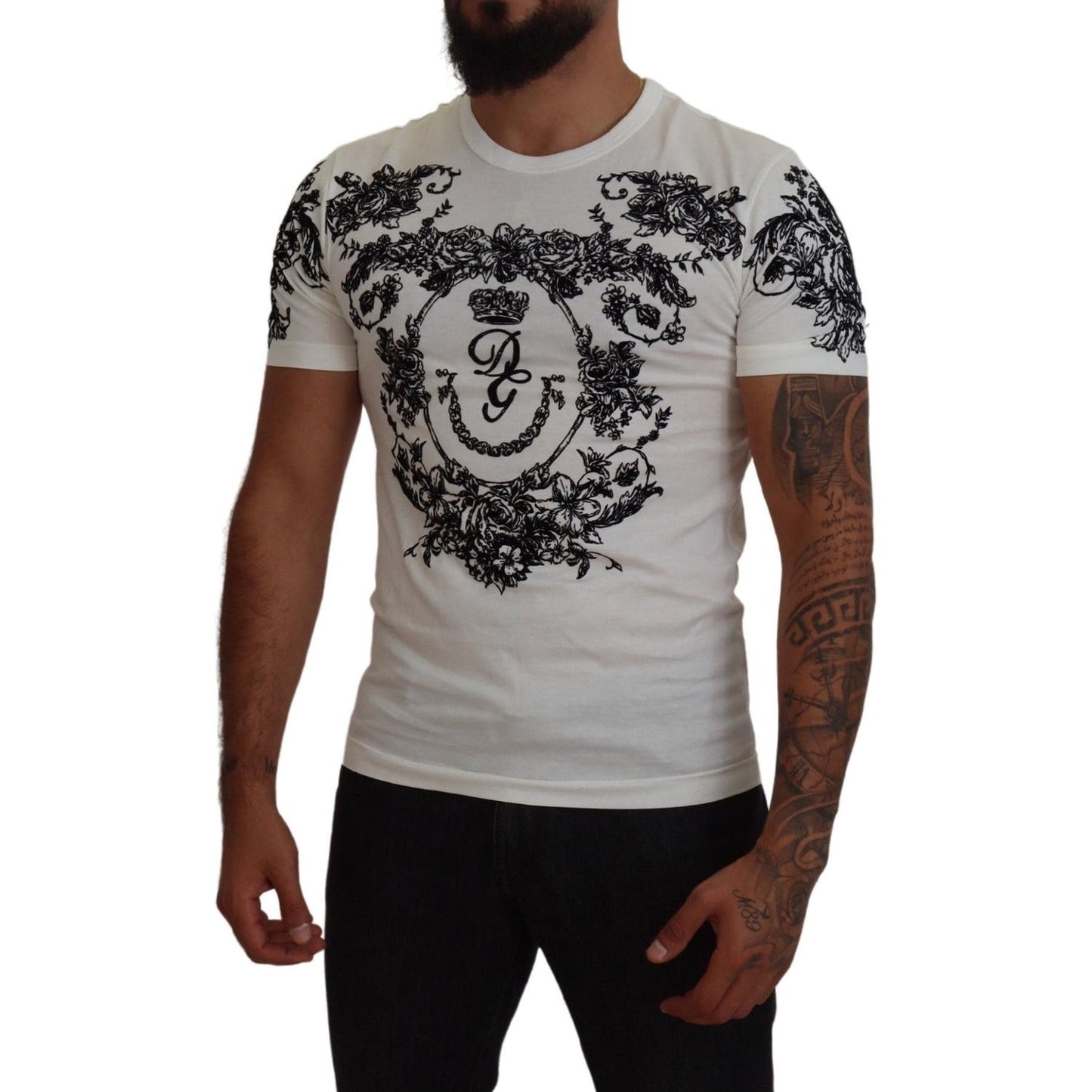 Dolce & Gabbana White DG Crown Floral Crewneck Men T-shirt
