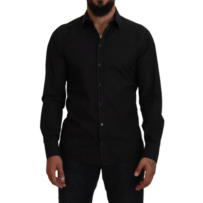 Dolce & Gabbana Black Cotton Collared Long Sleeve GOLD Shirt