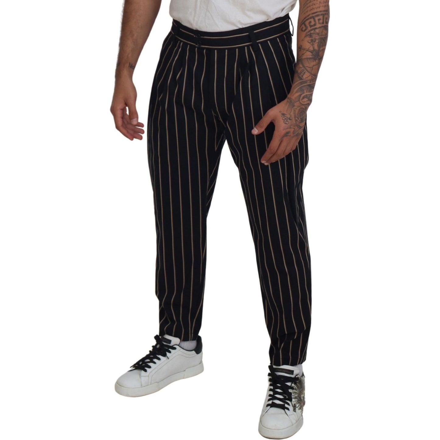Dolce & Gabbana Black Beige Striped Cotton Stretch Pants