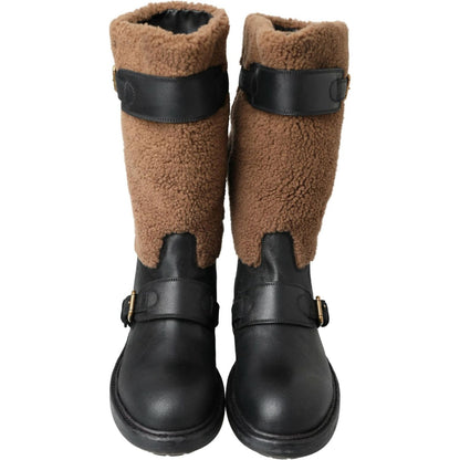 Dolce & Gabbana Black Leather Brown Shearling Boots