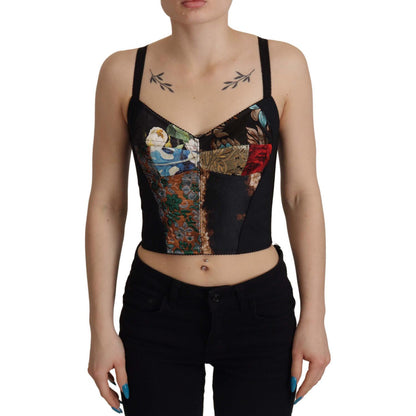 Dolce & Gabbana Black Patchwork Sicily Blouse Corset Cropped Top