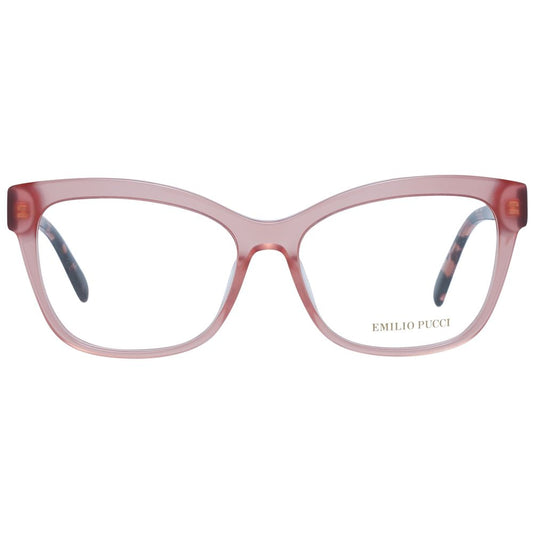 Emilio Pucci Pink Women Glasses Frame in full-rim rose plastic with demo lenses, square style, 54mm width. Includes branded case.