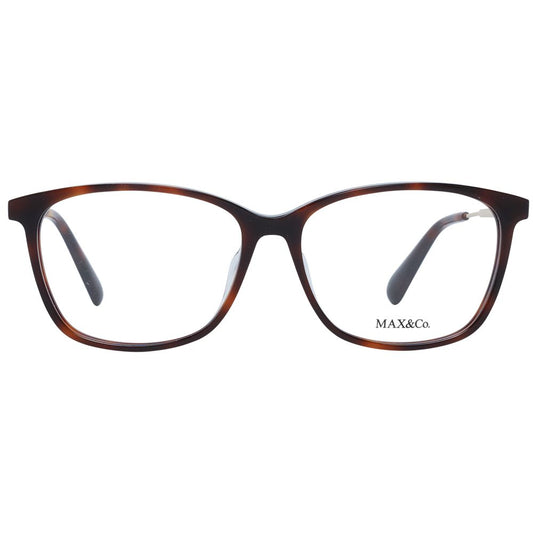 Max & Co Brown Women Glasses Frame with full-rim acetate design, demo lenses, and trapezium style, includes branded case, size 54-14-140.