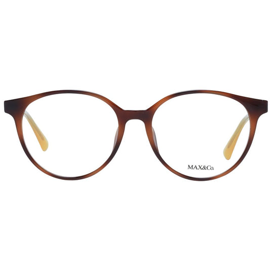 Max & Co Brown Women Glasses Frame, full-rim style with plastic material and demo lenses, round design, includes branded case.
