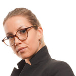 Woman wearing Max & Co Brown Women Glasses Frame, full-rim, round style, brown plastic frame, demo lenses, shown with branded case.