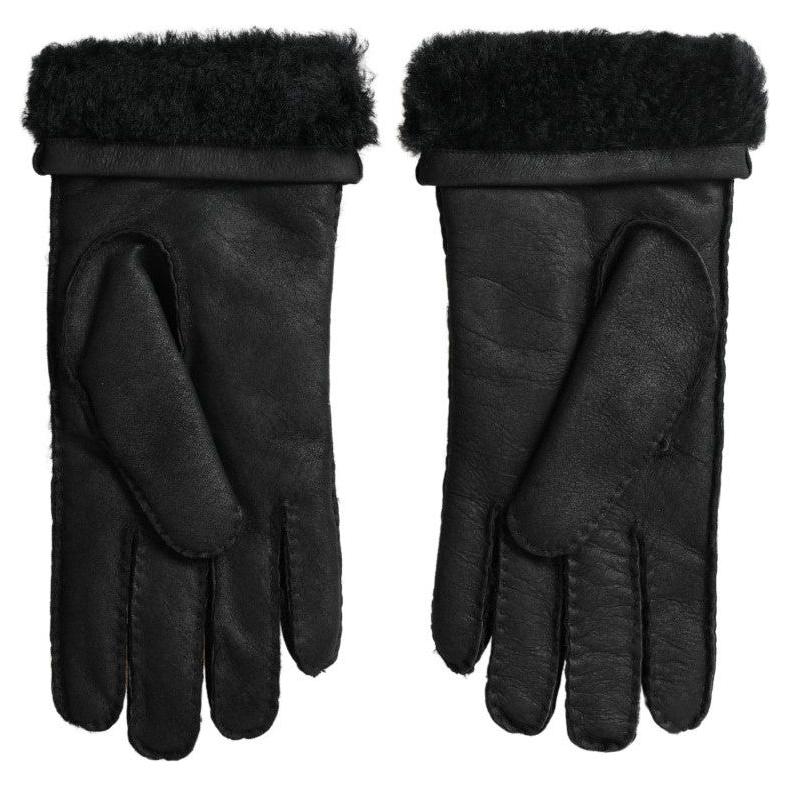 Dolce & Gabbana Black Leather Fur Short Hands Mitten Men Gloves