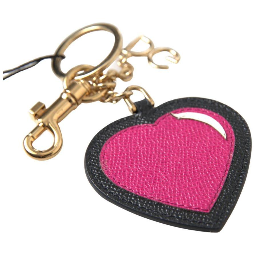 Dolce & Gabbana Black Fuchsia Heart Leather Gold Metal Keyring Keychain