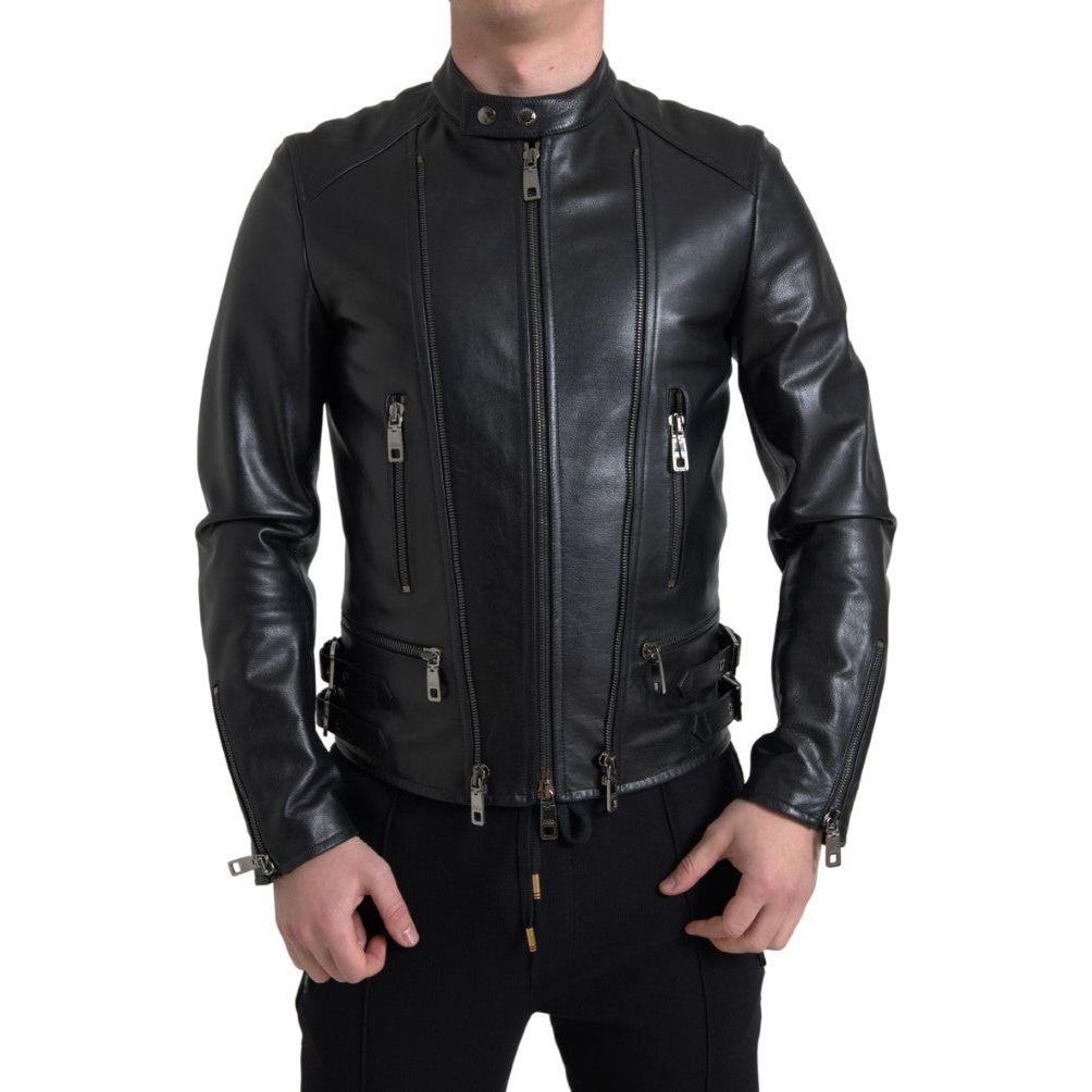 Dolce & Gabbana Black Leather Zipper Coat Men Jacket