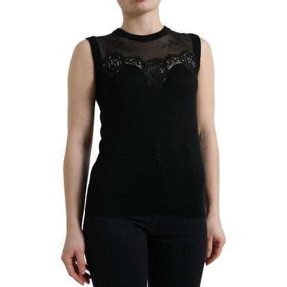 Dolce & Gabbana Black Cashmere Lace Trim Sleeveless Tank Top