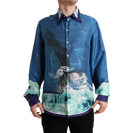 Dolce & Gabbana Blue Ocean Print Silk Collared Button Down Shirt