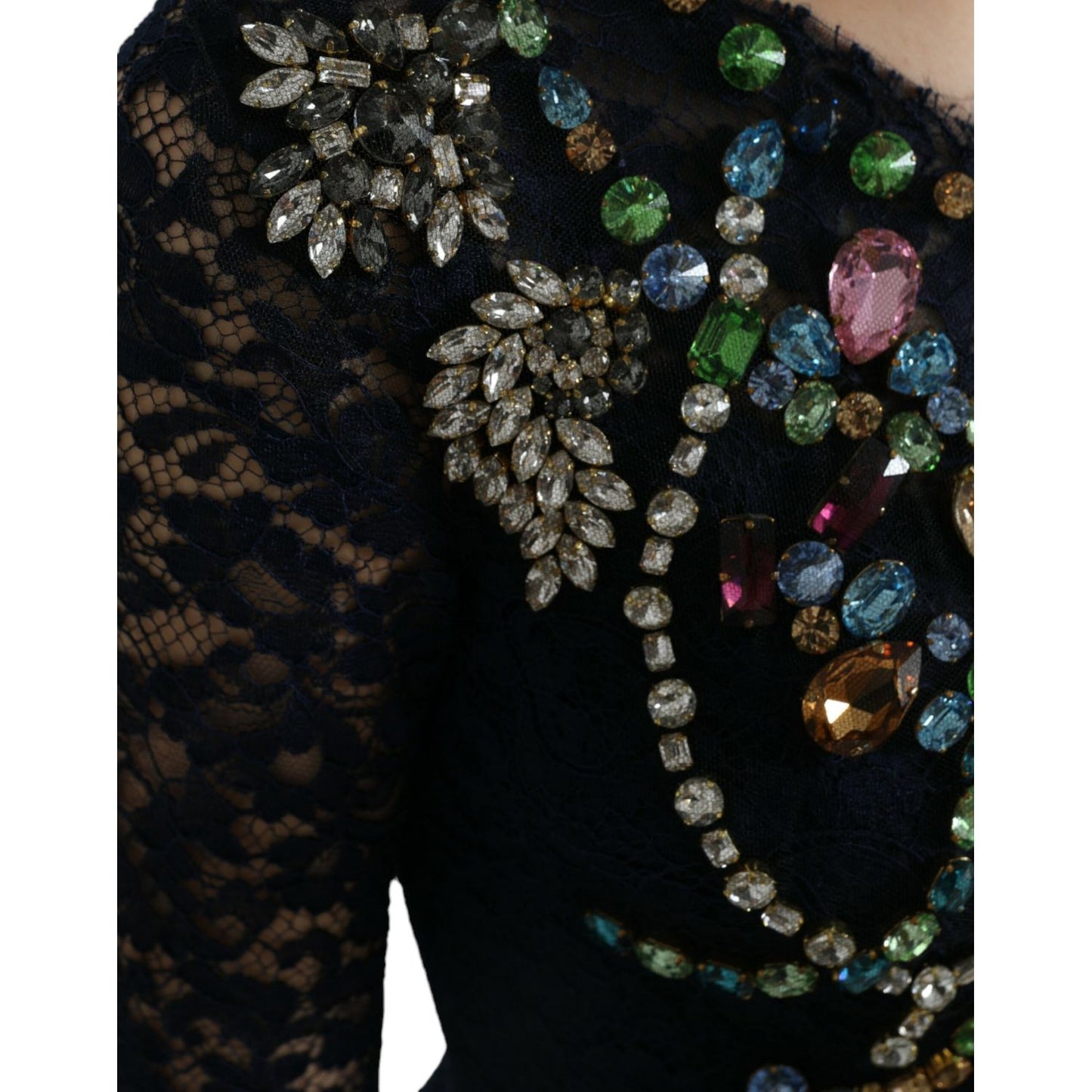 Dolce & Gabbana Blue Crystal Floral Lace Long Gown Dress