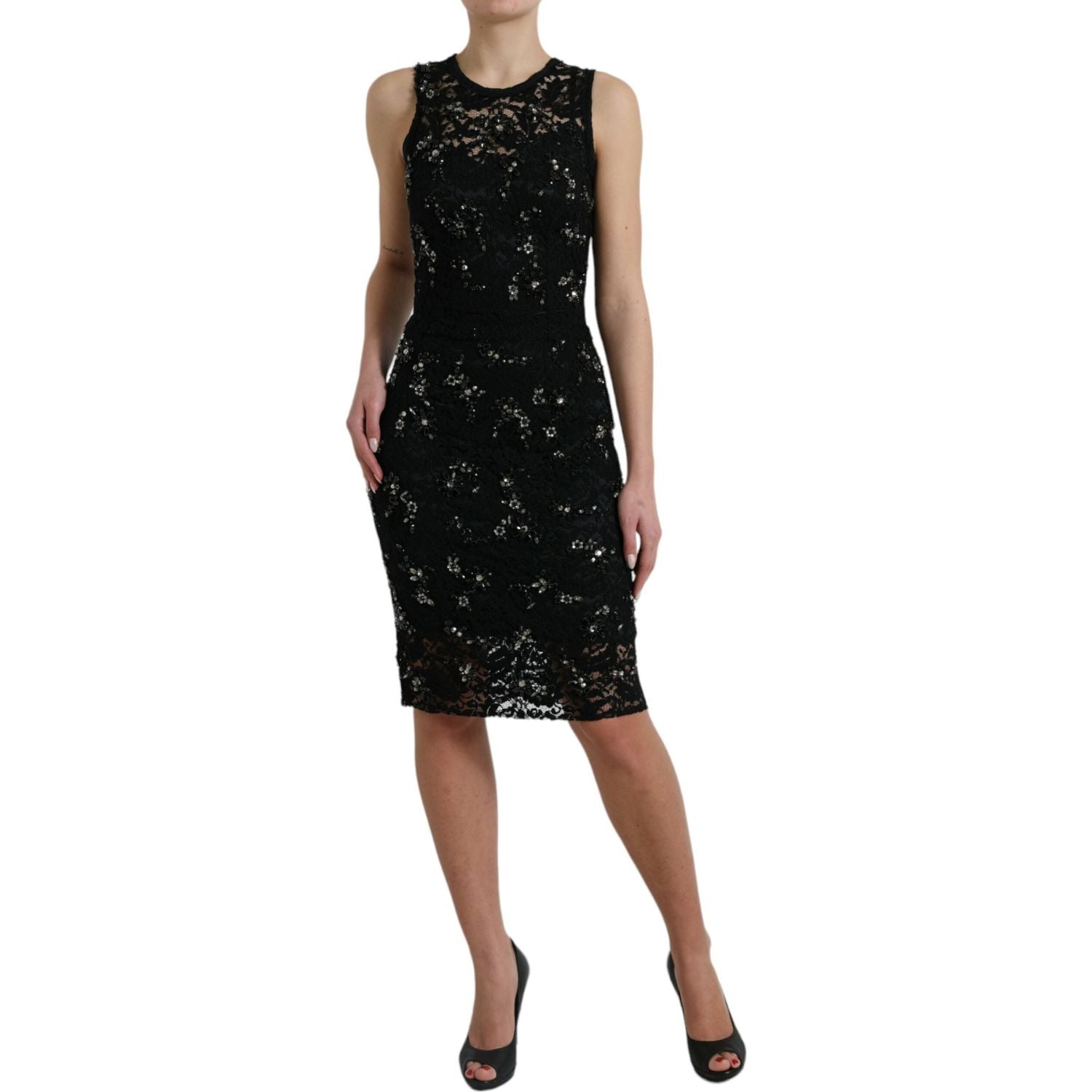 Dolce & Gabbana Black Floral Lace Crystal Sheath Dress
