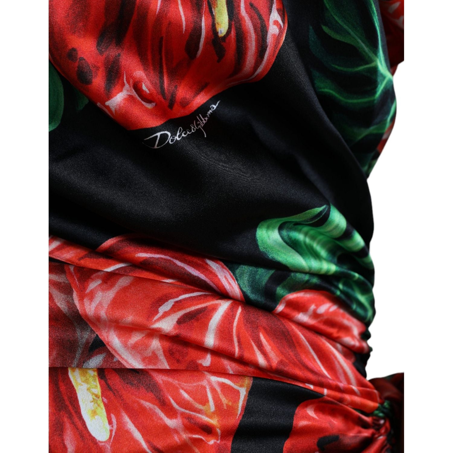 Dolce & Gabbana Black Shiny Silk Floral Print Draped Dress