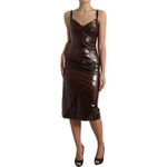 Dolce & Gabbana Brown Shiny Silk Sheath Sleeveless Bodycon Midi Dress