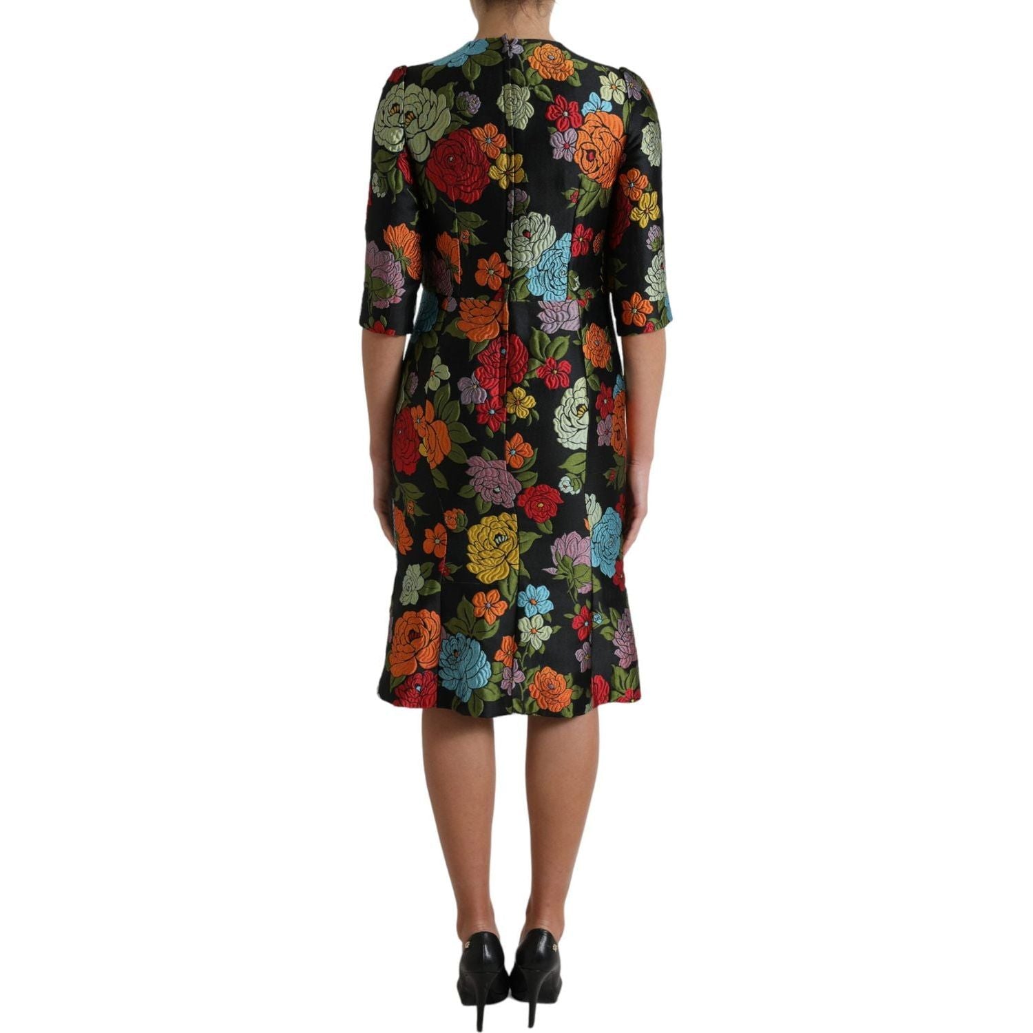 Dolce & Gabbana Black Floral Embroidery Knee Length Dress