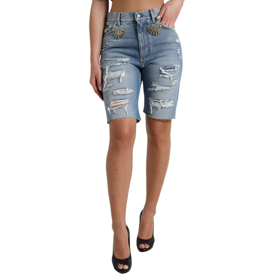 Dolce & Gabbana High Waist Embellished Bermuda Denim Shorts Dolce & Gabbana Dim Gray