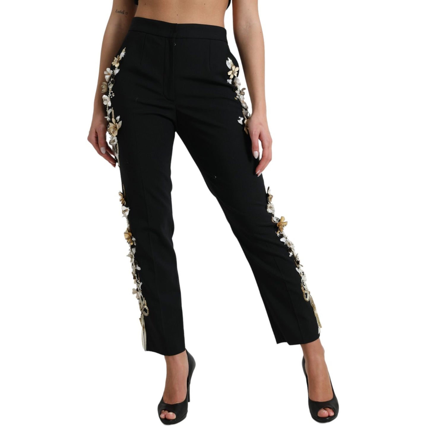 Dolce & Gabbana Black Floral Applique High Waist Tapered Pants