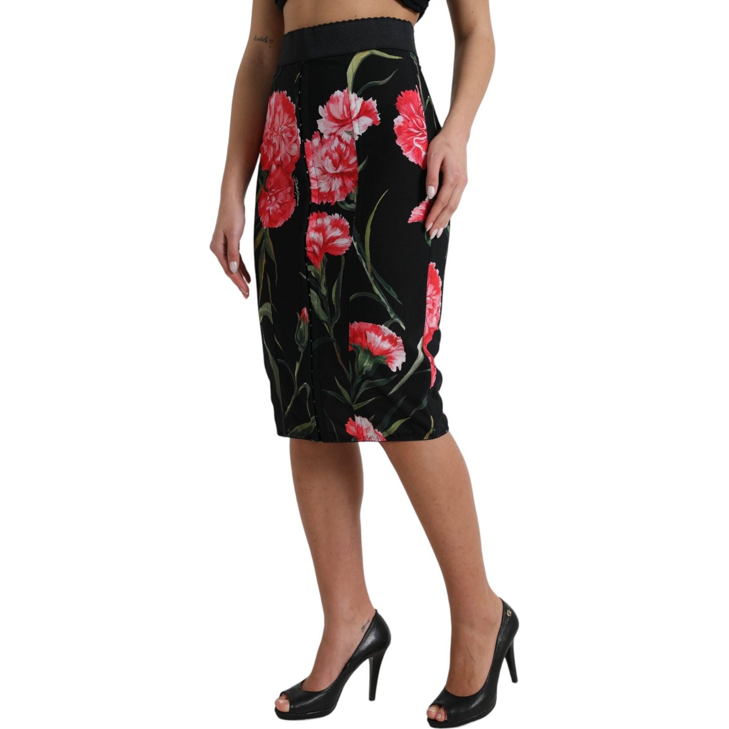 Dolce & Gabbana Black Carnation Pencil Cut Knee Length Skirt