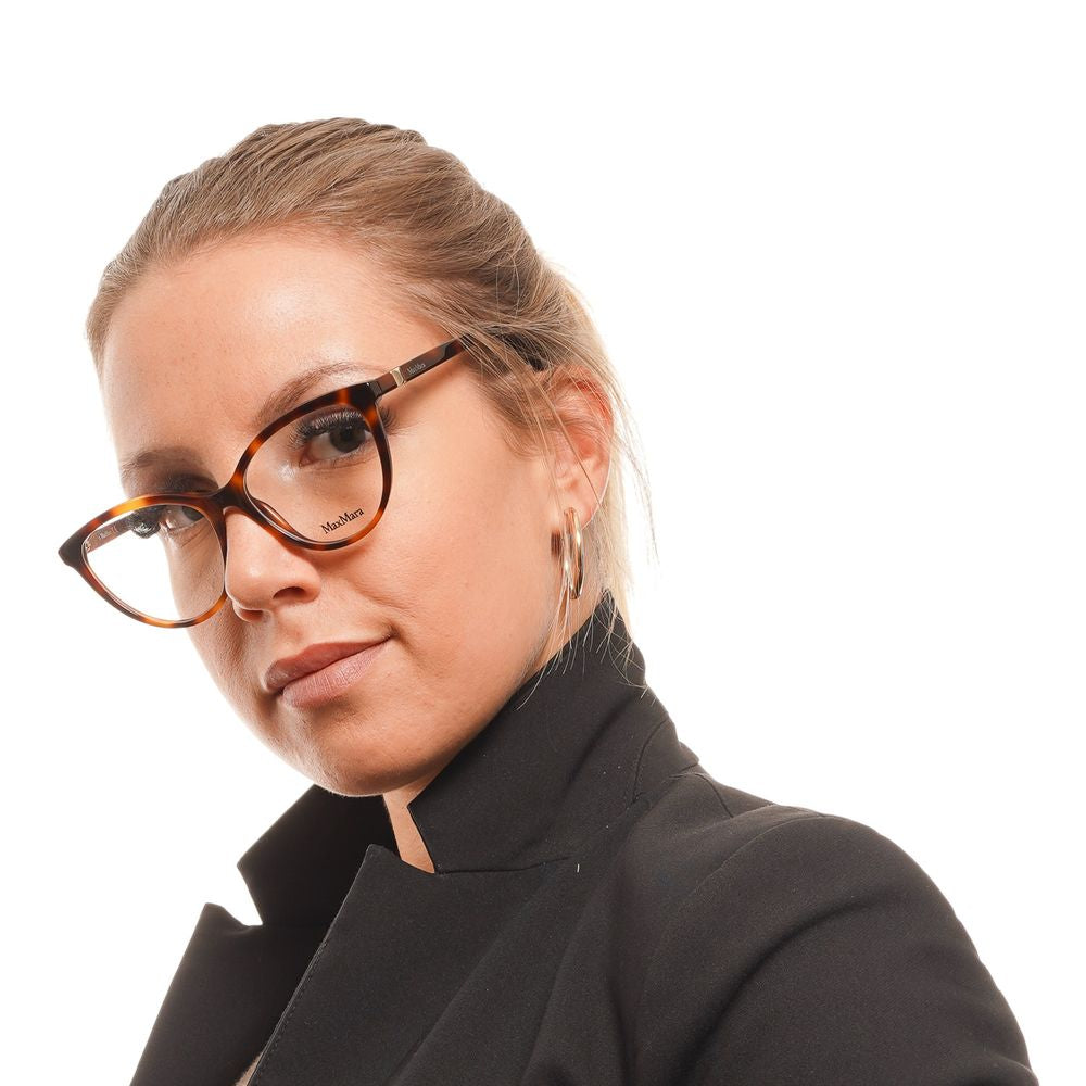 Woman wearing Max Mara Brown Women Glasses Frame, acetate full-rim in cat-eye style.