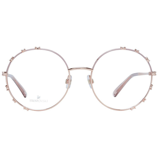 Swarovski Pink Women Glasses Frame in rose metal, round full-rim style with demo lenses, size 57-20-145, includes branded case.