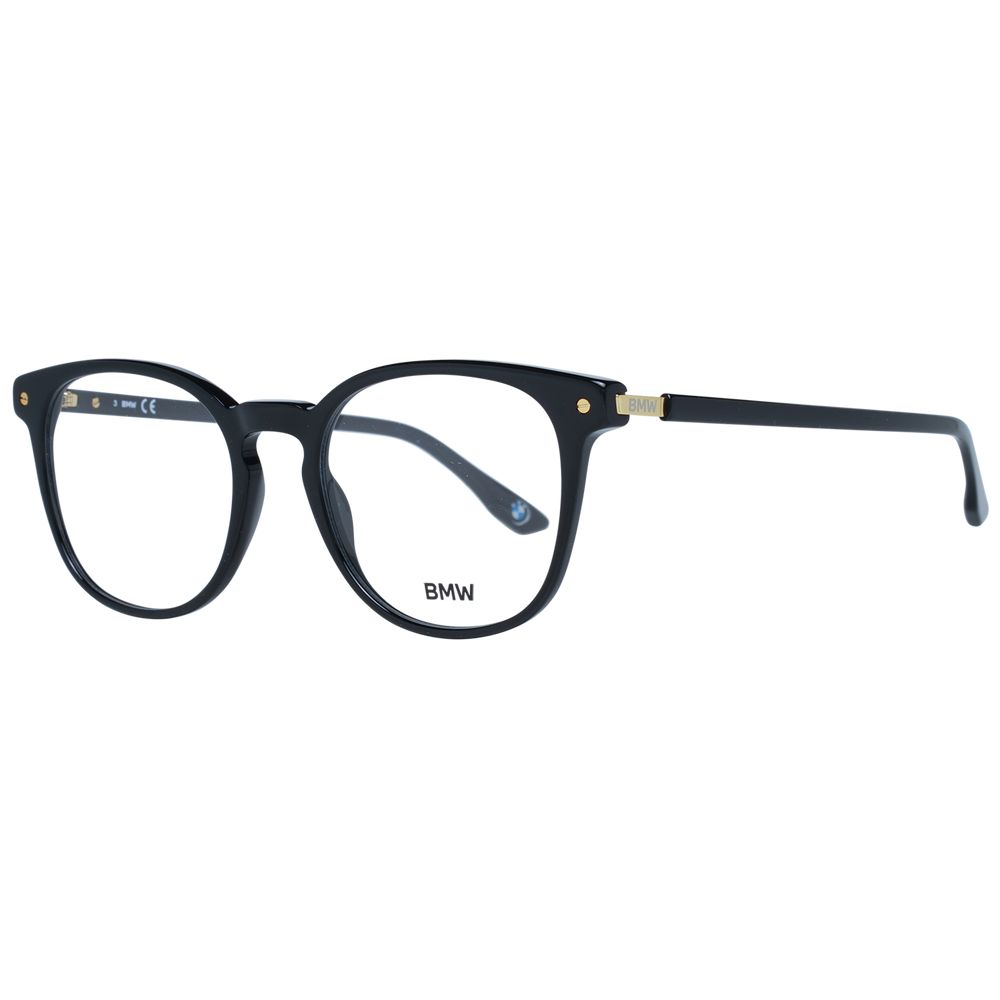 BMW Black Men Glasses Frame, full-rim round plastic eyeglasses for men with black frame and demo lenses, includes branded case.