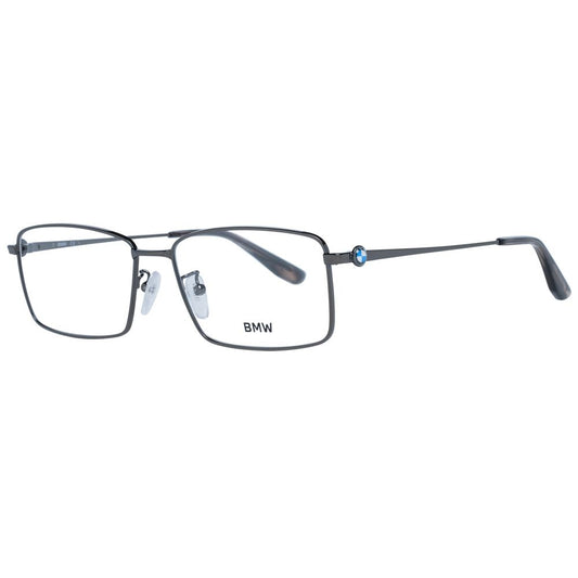 BMW Gray Men Glasses Frame with gunmetal full-rim trapezium style and demo lenses, size 57-16-150, metal frame.