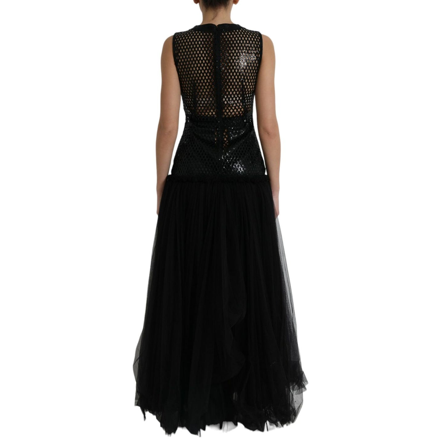 Dolce & Gabbana Black Sequined Sleeveless Mesh Layered Gown Dress