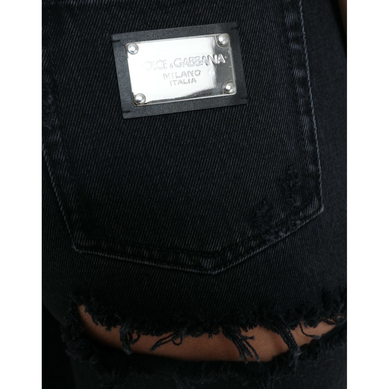 Dolce & Gabbana Black Cotton High Waist Tattered Denim Jeans