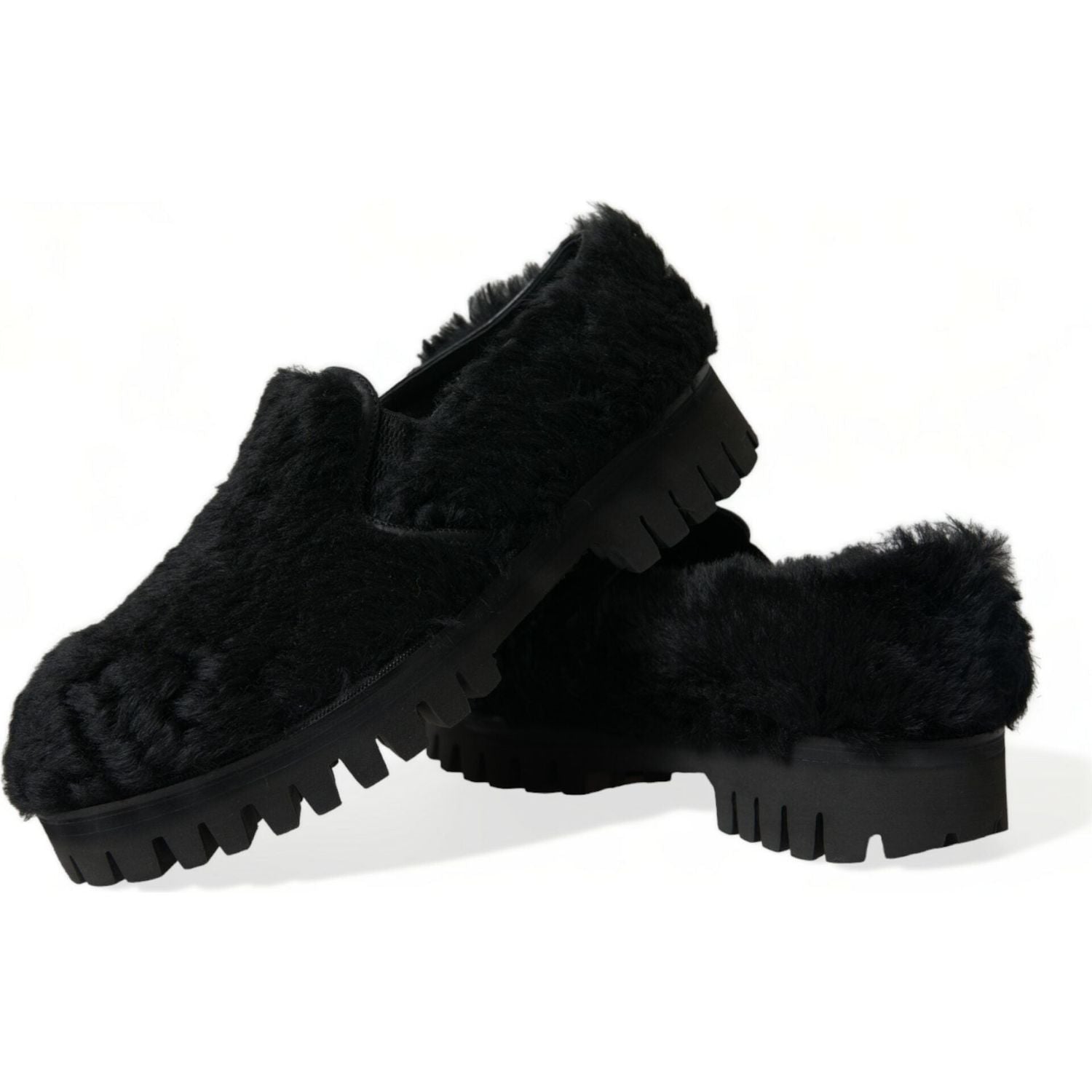 Dolce & Gabbana Black Fur Leather Slippers Dress Shoes