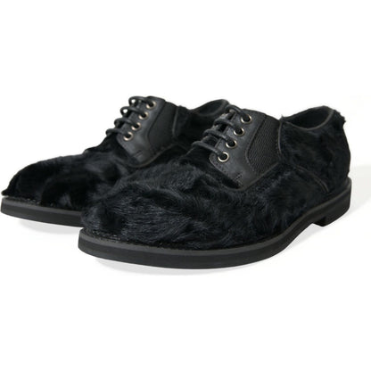 Dolce & Gabbana Black Fur Leather Lace Up Derby Dress Shoes