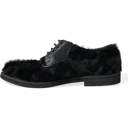 Dolce & Gabbana Black Fur Leather Lace Up Derby Dress Shoes