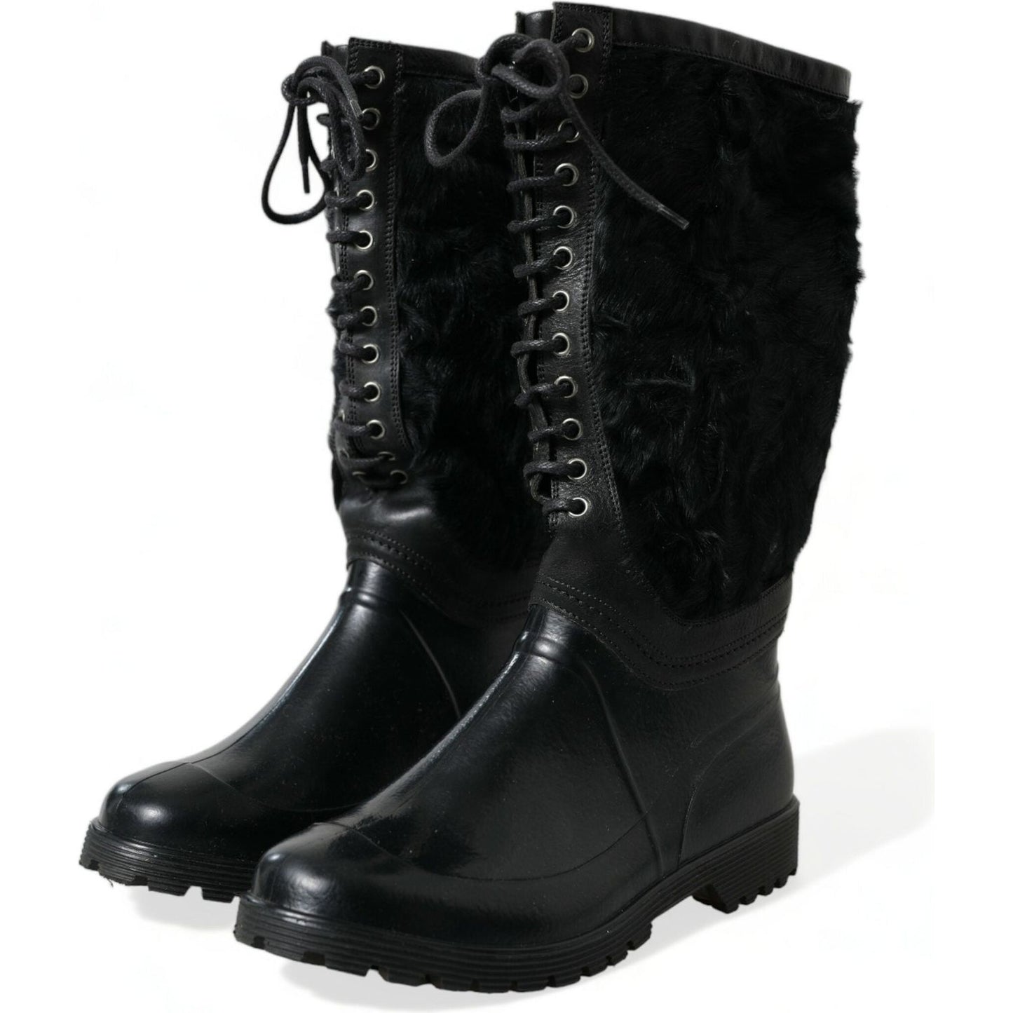Dolce & Gabbana Black Rubber Lace Up Shearling Rain Boots Shoes