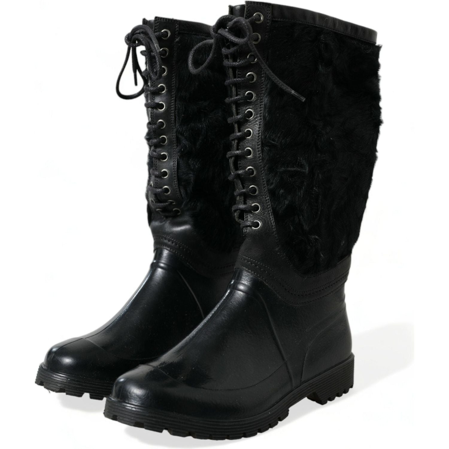 Dolce & Gabbana Black Rubber Lace Up Shearling Rain Boots Shoes
