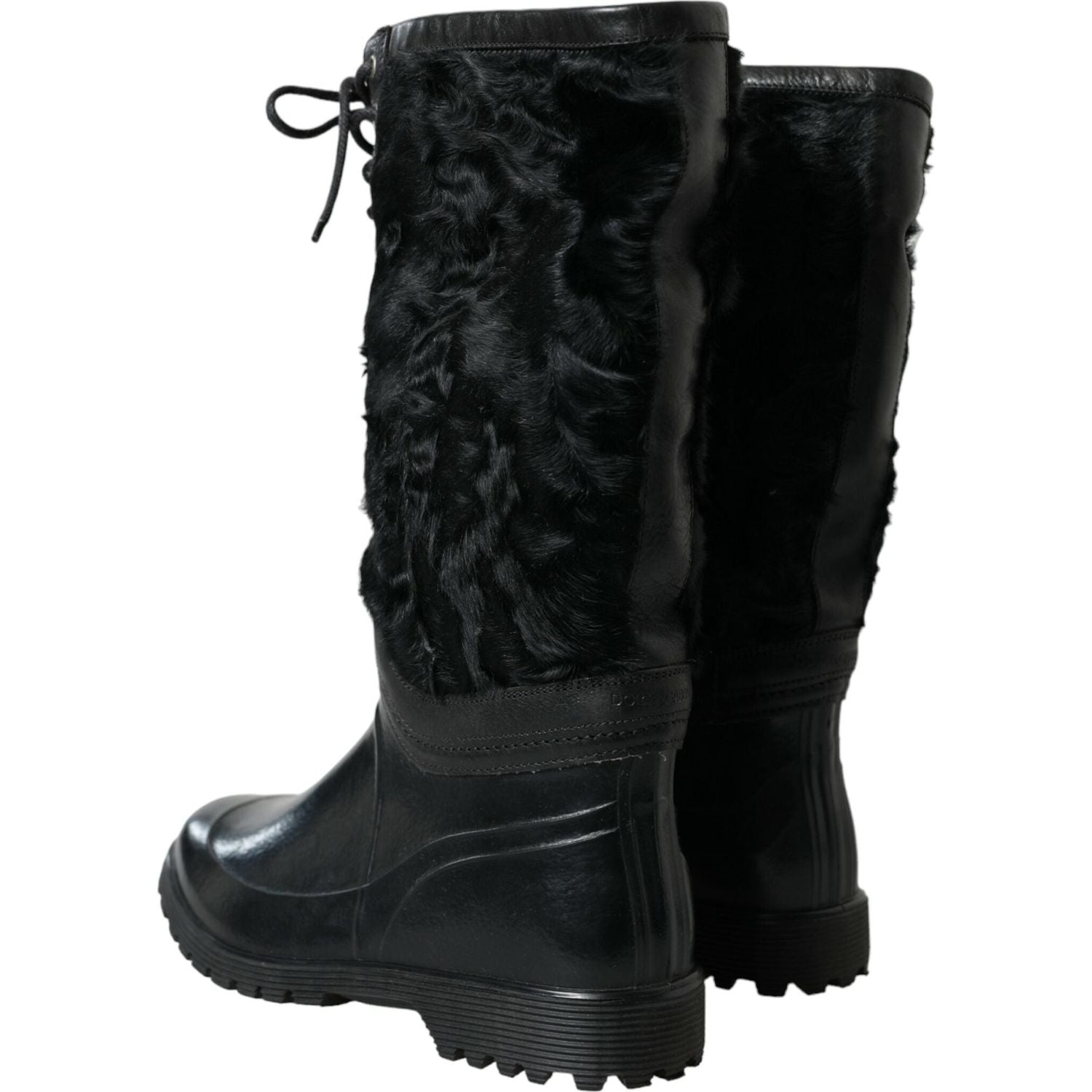 Dolce & Gabbana Black Rubber Lace Up Shearling Rain Boots Shoes