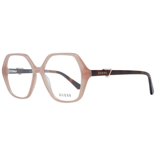 Hexagonal Guess eyeglasses with full-rim tortoiseshell brown frames and demo lenses.
